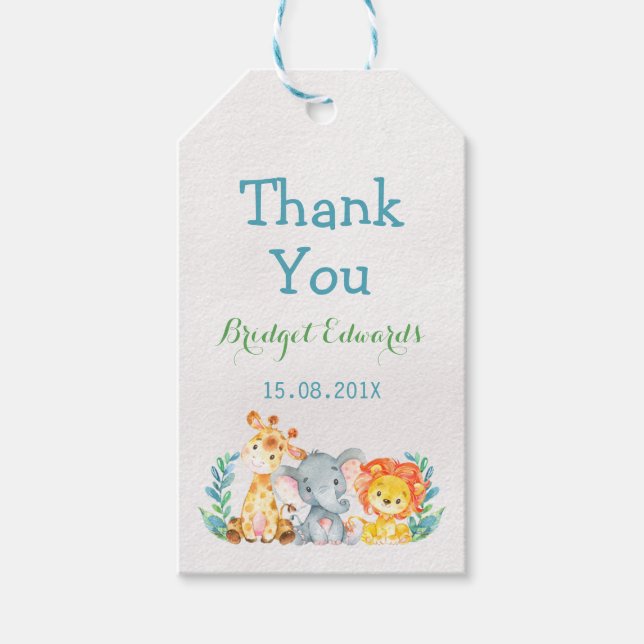 Märkre för vattenfärg Safari Animals Baby Shower Presentetikett (Framsidan)