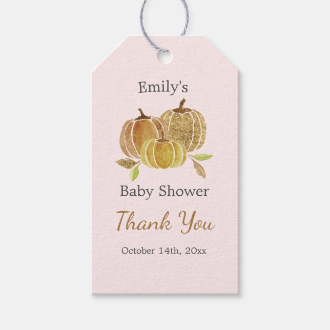 Märkre för vattenfärgspumpkin Rosa Fall Tack Presentetikett (Framsidan)