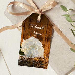 Märkre för vit Hydrangea och Barn Wood Wedding Fav Presentetikett