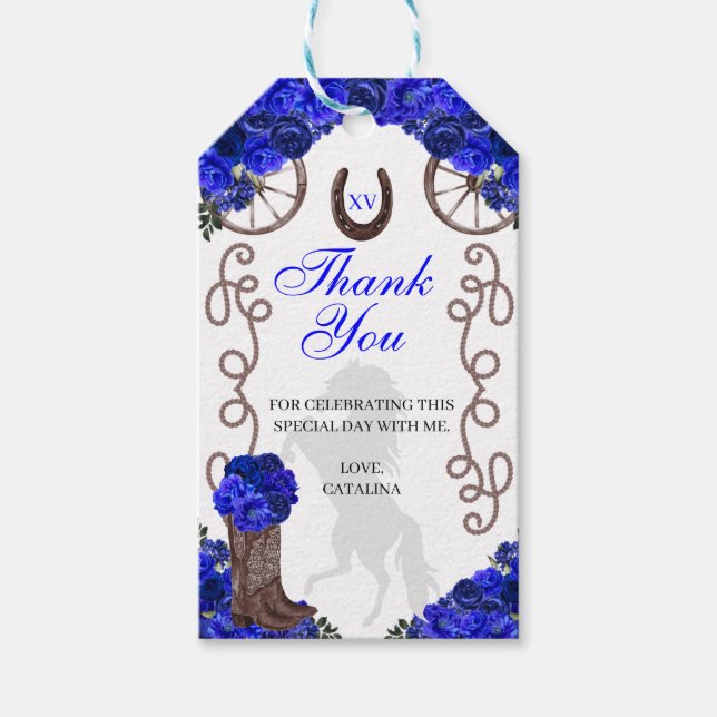 Märkre för westerna blåa Ro Ranchero Quinceanera G Presentetikett (Framsidan)
