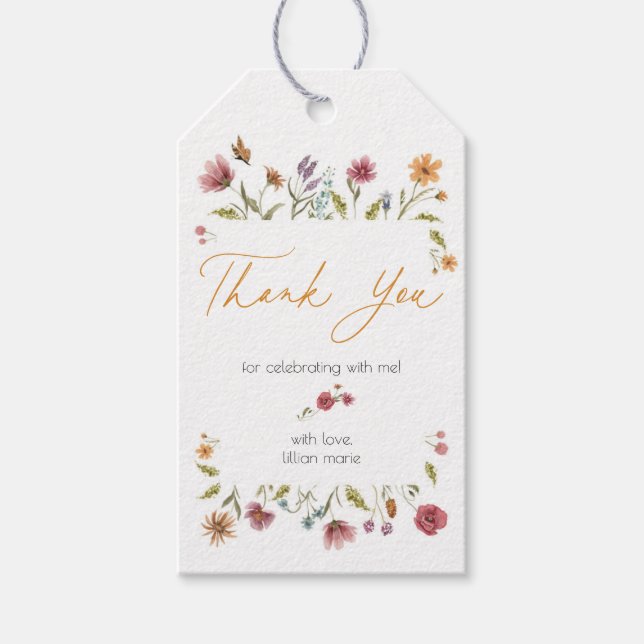 Märkre för Wildblomsterbabyskor eller födelsedagst Presentetikett (Framsidan)