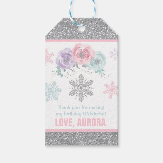 Märkre för Winter ONEderland Silver Party Favor Ta Presentetikett (Framsidan)