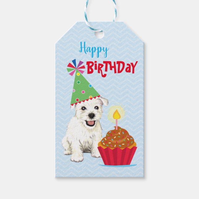 Märkre från födelsedagen Cupkaka Westie Gift Presentetikett (Framsidan)