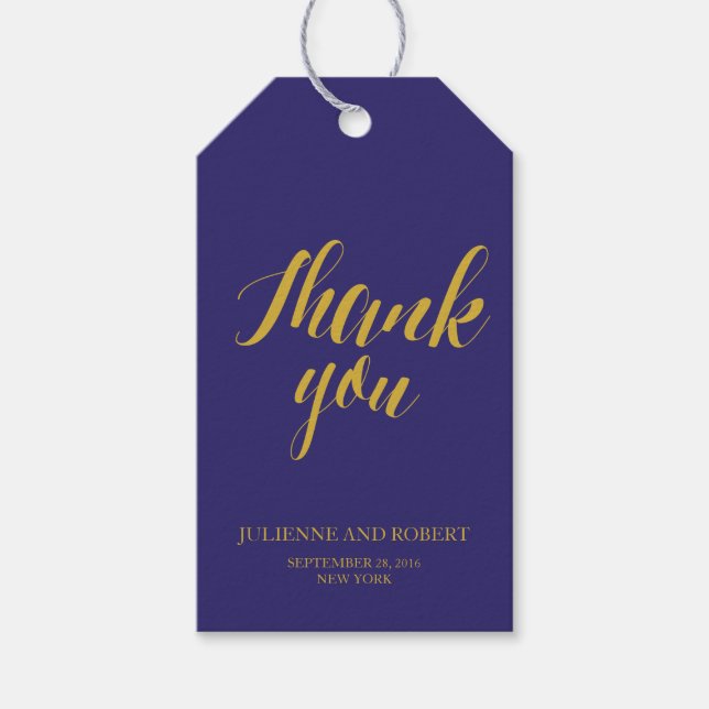 Märkre i Bröllop Tack Gift med marinblå Chic Presentetikett (Framsidan)