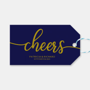 Märkre i Guld Navy Blue Calligraphy Cheers Vin Fla Presentetikett