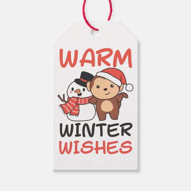 Märkre i Monkey Warm Winter Önskemål Snögubbe Gift Presentetikett (Framsidan)