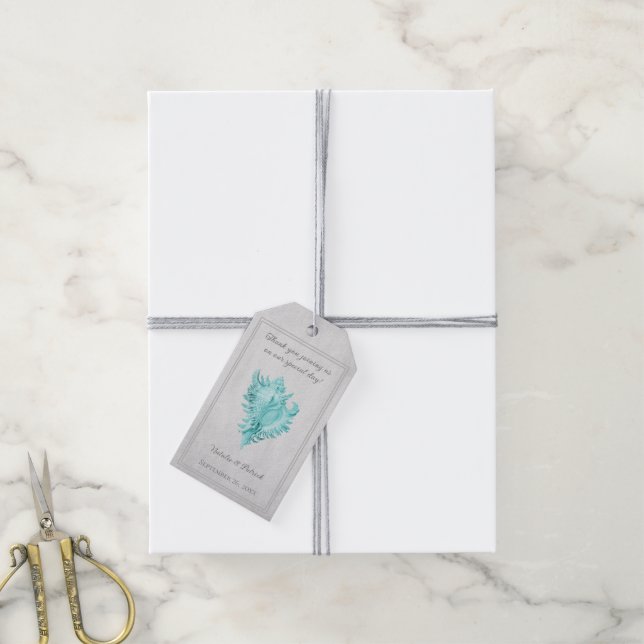 Märkre i Teal Conch Snäcka Bröllop Gift Presentetikett (Med Snöre)