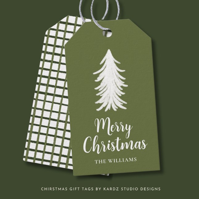 Märkre i Träd grönt Script Helgdag Gift Presentetikett (Personalize Holiday Gift tags with a white tree over a forest green background and cute checks)
