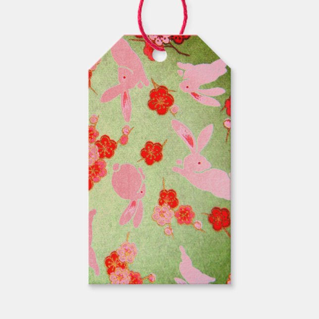 Märkre JAPANESE ROSA BUNNIES ON GRÖNT Presentetikett (Framsidan)