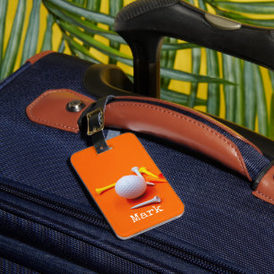Märkre med golf boll och T på orange Bagagebricka
