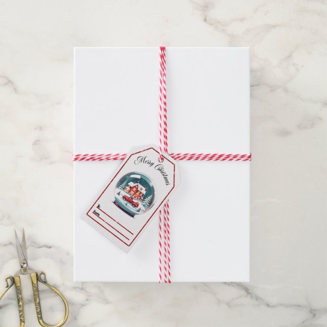 Märkre med julklapp med snö-glob presentetikett (Med Snöre)