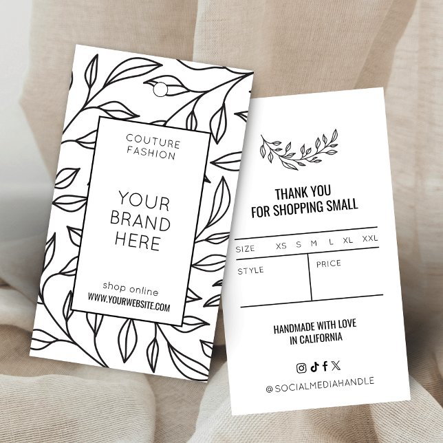 Märkre med modern Blommigt, svart och vit Logotyp, Visitkort (Minimalist black and white clothing labels tag with size and price table on the back)