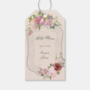 märkre med rustik blommigt babydusch i monogramfor presentetikett