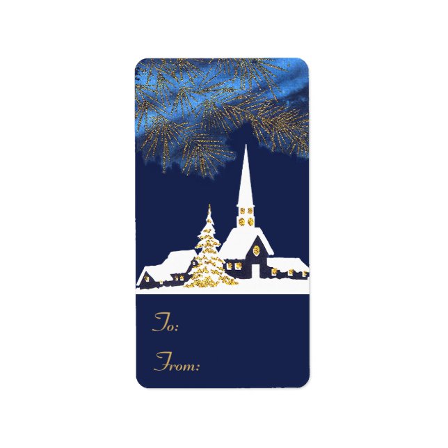 Märkre Stickers i Snowy Church jul Adressetikett (Framsidan)