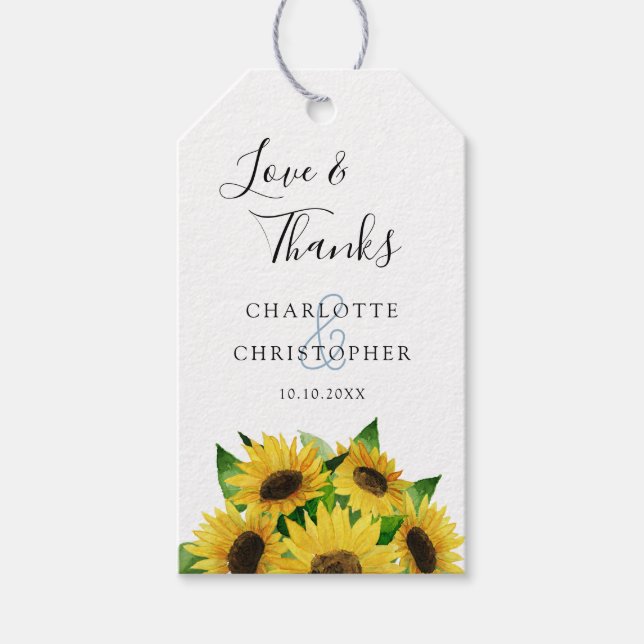 Märkre tack för solblommor i vattenfärg bröllop presentetikett (Framsidan)