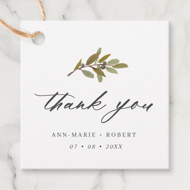 Märkre till förmån för Rustic Olive Tack-bröllop Gåvor Etiketter (Framsida)