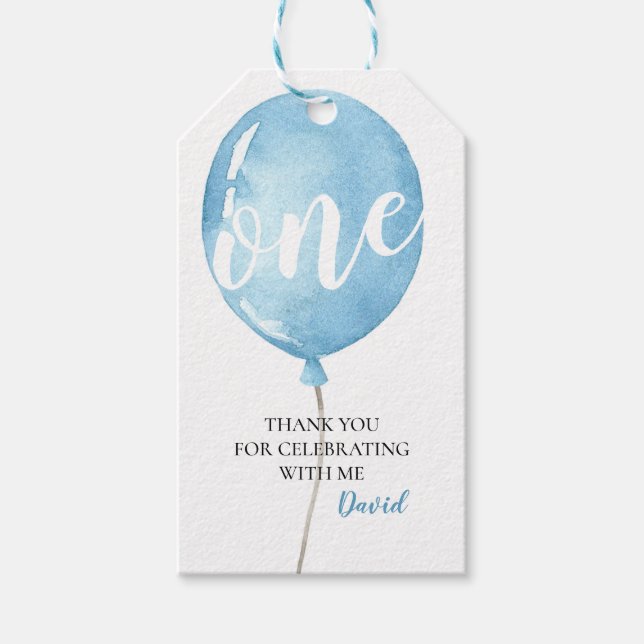 Märkrn Balloon First Birthday Boy Tack Presentetikett (Framsidan)