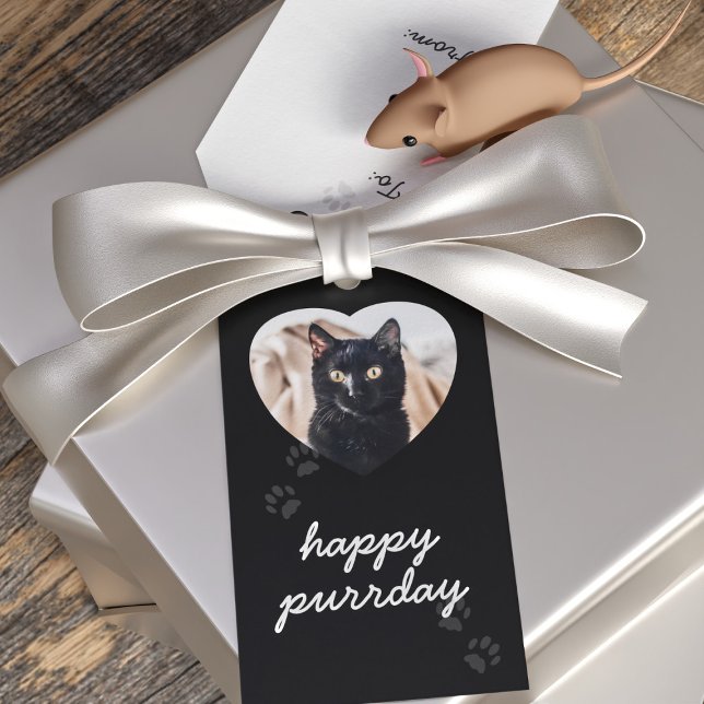 Märkrn Black Cat Birthday Pet Photo Gift Presentetikett (Happy Purrday! Upload your black cat's photo (or your own) and gift with love)