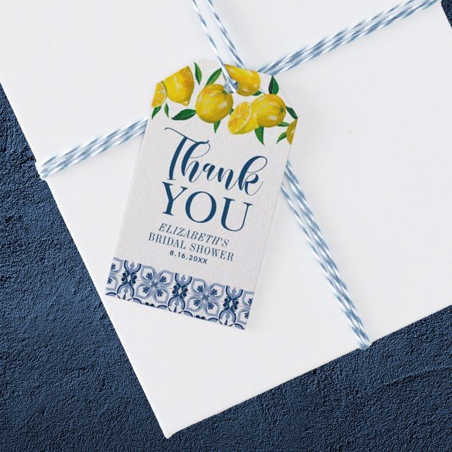 Märkrn Blue Tile Italy Lemon Bröllop Tack Gift Presentetikett (Elegant lemon wedding thank you gift tags.)