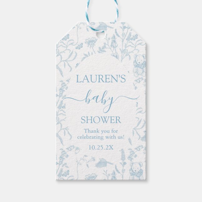 Märkrn Blue Toile Bear Baby Shower Boy Gift Presentetikett (Framsidan)
