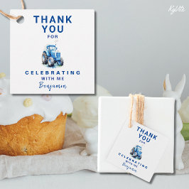 Märkrn Blue Tractor Birthday Square Favor Gift Gåvor Etiketter