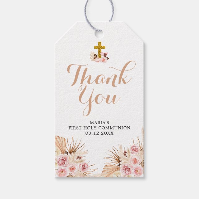 Märkrn Boho Pampas First Heliga Communion Tack Presentetikett (Framsidan)