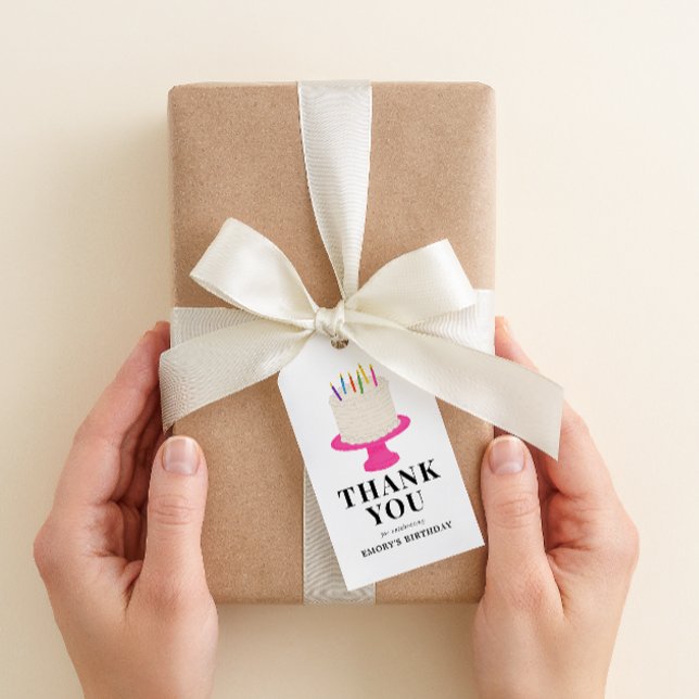 Märkrn Cake Tack Gift från födelsedagen Presentetikett (pink cake stand birthday thank you favor tag)