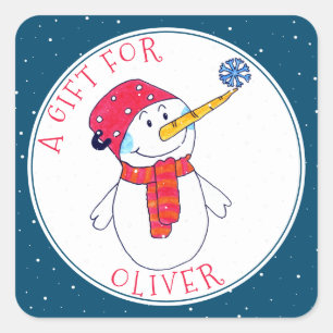 Märkrn för barn för julgåva från Cute Snögubbe Fyrkantigt Klistermärke