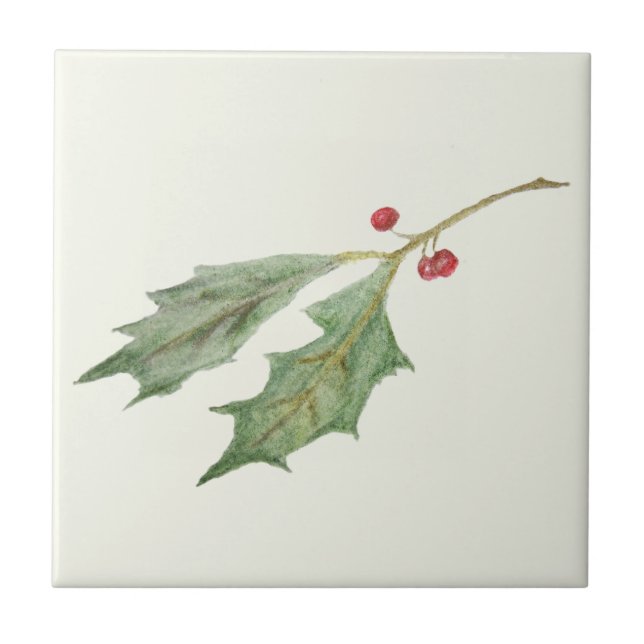 Märkrn för Jul Holly Sprig Rustic Botanical Gift Kakelplatta (Framsidan)