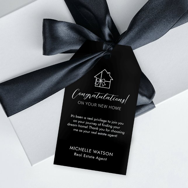 Märkrn för minsta lilla svarta svarta Agent-gift i Presentetikett (Fully editable minimalist black and white real estate gift tags with space for your custom message)