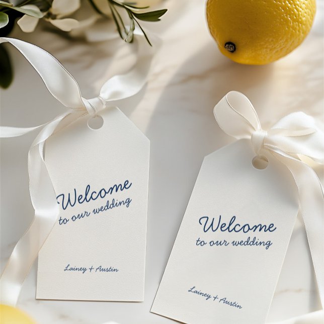 Märkrn för minsta möjliga återställande av blå Brö Presentetikett (Minimalist Retro Blue Wedding Gift Tag)