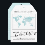 Märkrn för resekontrollkort i Bucket List Travel A<br><div class="desc">Loggage tag-formade duschkort för bucketlista som skapar ett kreativ alternativt gäst bok när vänner och familj fyller dem med resekontroller och semesteridéer för målbröllopspart eller nöjesmottagning eller möhippa party. Visas i ljusblått och turkos men mer färg finns i vår samling eller genom att kontakta den Pappra Grape Zazzle Store Designer....</div>