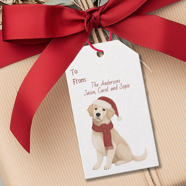 Märkrn Golden Retriever i Santa Hat-julgåsen Presentetikett (Golden Retriever in Santa Hat Christmas Gift Tag)