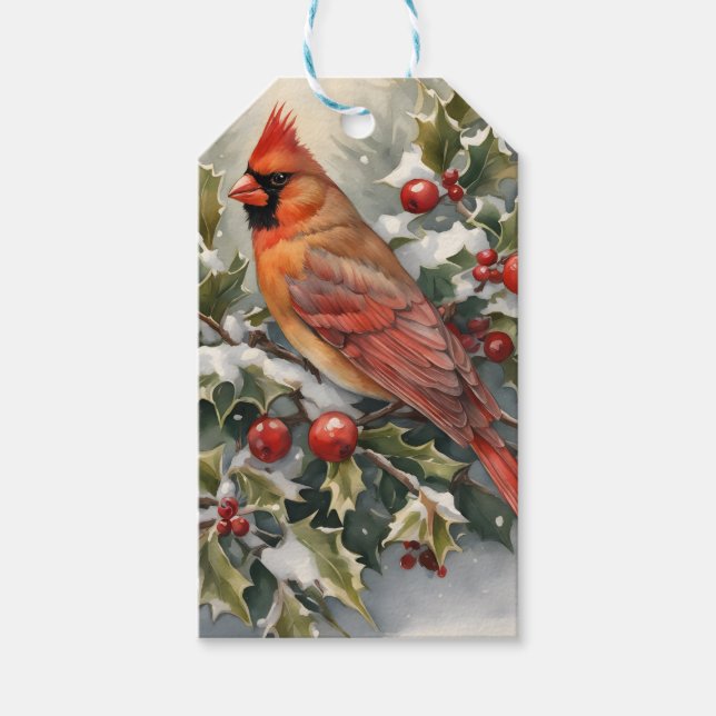 Märkrn Kardinal och Holly jul Gift Presentetikett (Framsidan)