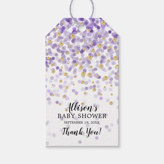 Märkrn lila & Guld Confetti Baby Shower Favor Gift Presentetikett (Framsidan)