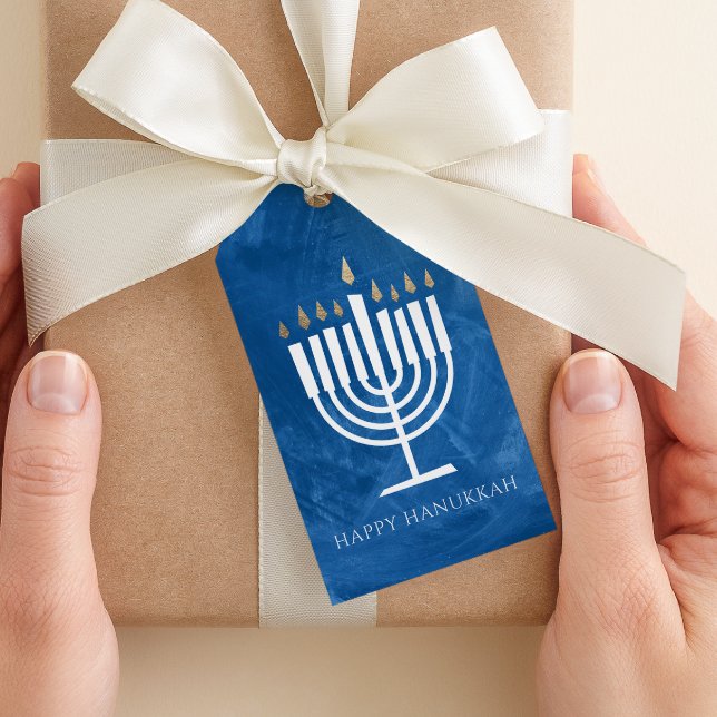 Märkrn Modern Menorah Blue Hanukkah Gift Presentetikett (blue watercolor style modern happy Hanukkah gift tag)