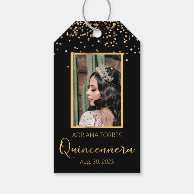 Märkrn Quinceanera Black Guld Photo Favor Gift Presentetikett (Framsidan)