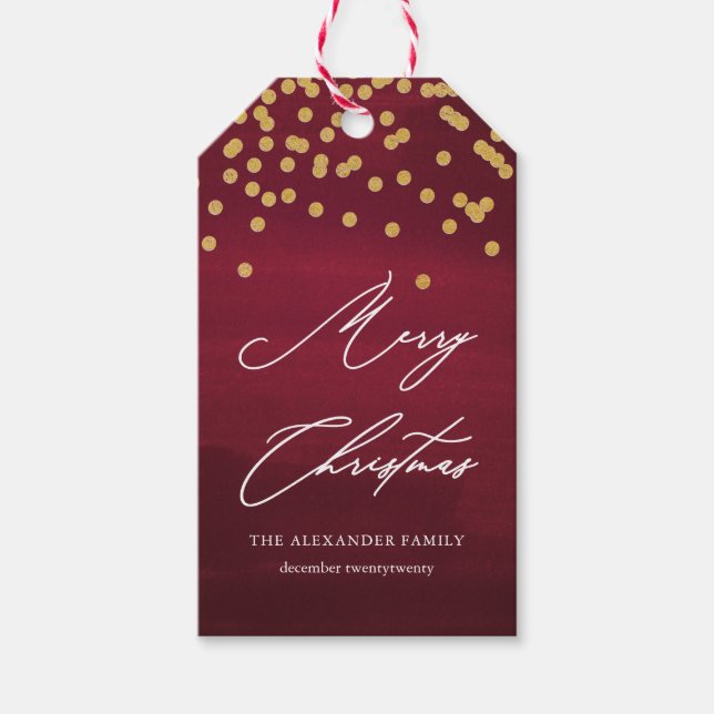 Märkrn Red and Faux Guld God jul Script Gift Presentetikett (Framsidan)