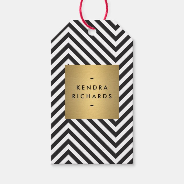 Märkrn Retro Black och White Mönster Guld Namn Gif Presentetikett (Framsidan)