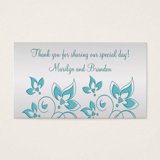 Märkrn silver och Aqua Blommigt Wedding Favor Visitkort (Framsidan)