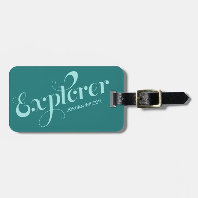 Märkrn snyggt Teal Script Typography Explorer Bag Bagagebricka (Horisontell Framsida)