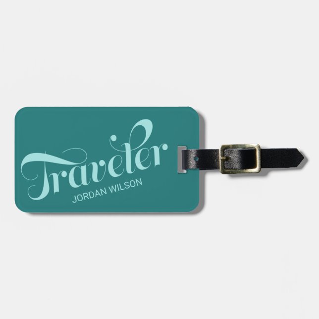 Märkrn snyggt Teal Script Typography Traveler Bag Bagagebricka (Horisontell Framsida)