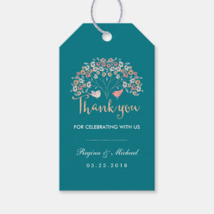 Märkrn Teal Love birds Blommigt Script Tack Gift Presentetikett