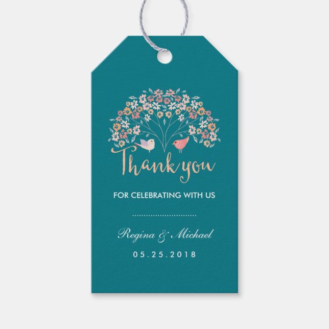 Märkrn Teal Love birds Blommigt  Script Tack Gift Presentetikett (Framsidan)