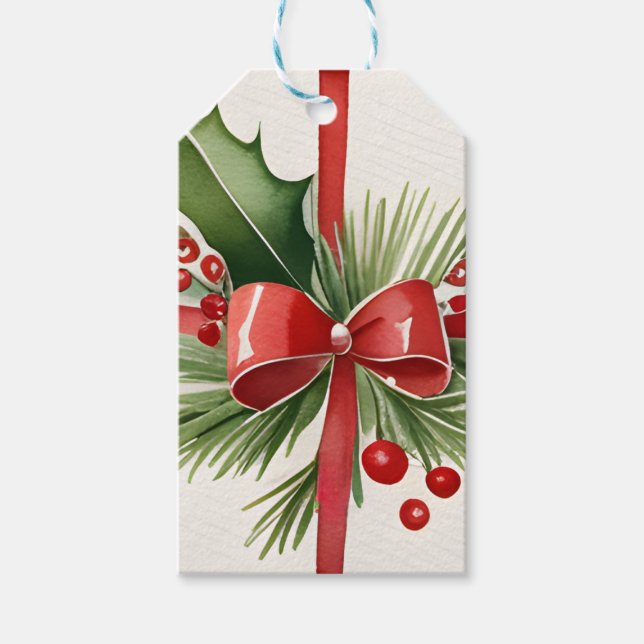 Märkrn Watercolor Red Bow and Greenery jul Gift Presentetikett (Framsidan)