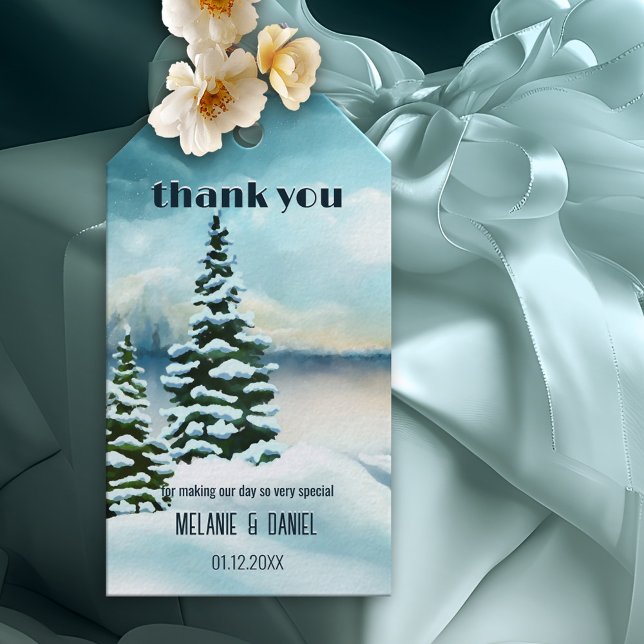 Märkrn Watercolor Winter Wedding Tack Gift Presentetikett (Thank You tag featuring a watercolor painting of a winter wonderland scene)