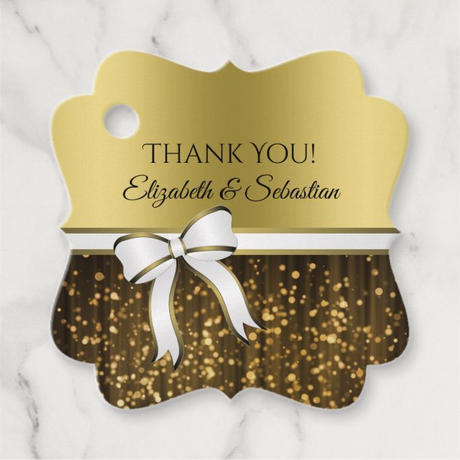 Märkrn White & Guld Ribbon Bröllop Gift Gåvor Etiketter (Framsida)