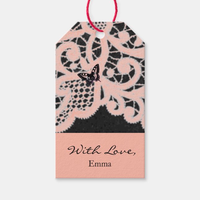 Märkrn "WITH KÄRLEK" PEACH SNÖRE MED ANPASSAT NAMN Presentetikett (Framsidan)