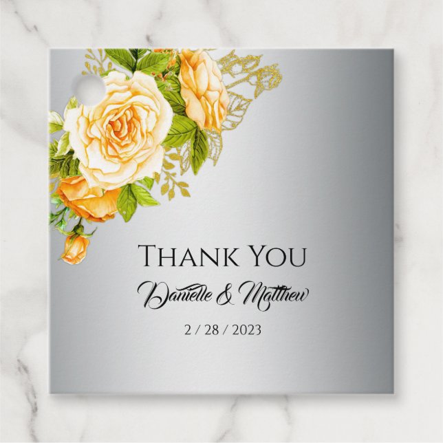 Märkrna Golden Bukett med rosor Silver Bröllop Gåvor Etiketter (Framsida)