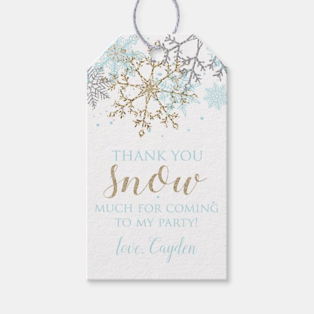 Märkrna Winter Onederland Blue och Guld Snowflake Presentetikett (Framsidan)
